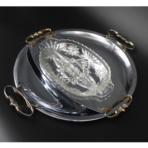 Kromex Other - Kromex Serving Tray Set Platter Relish Dish with Glass Insert Retro VTG Dining